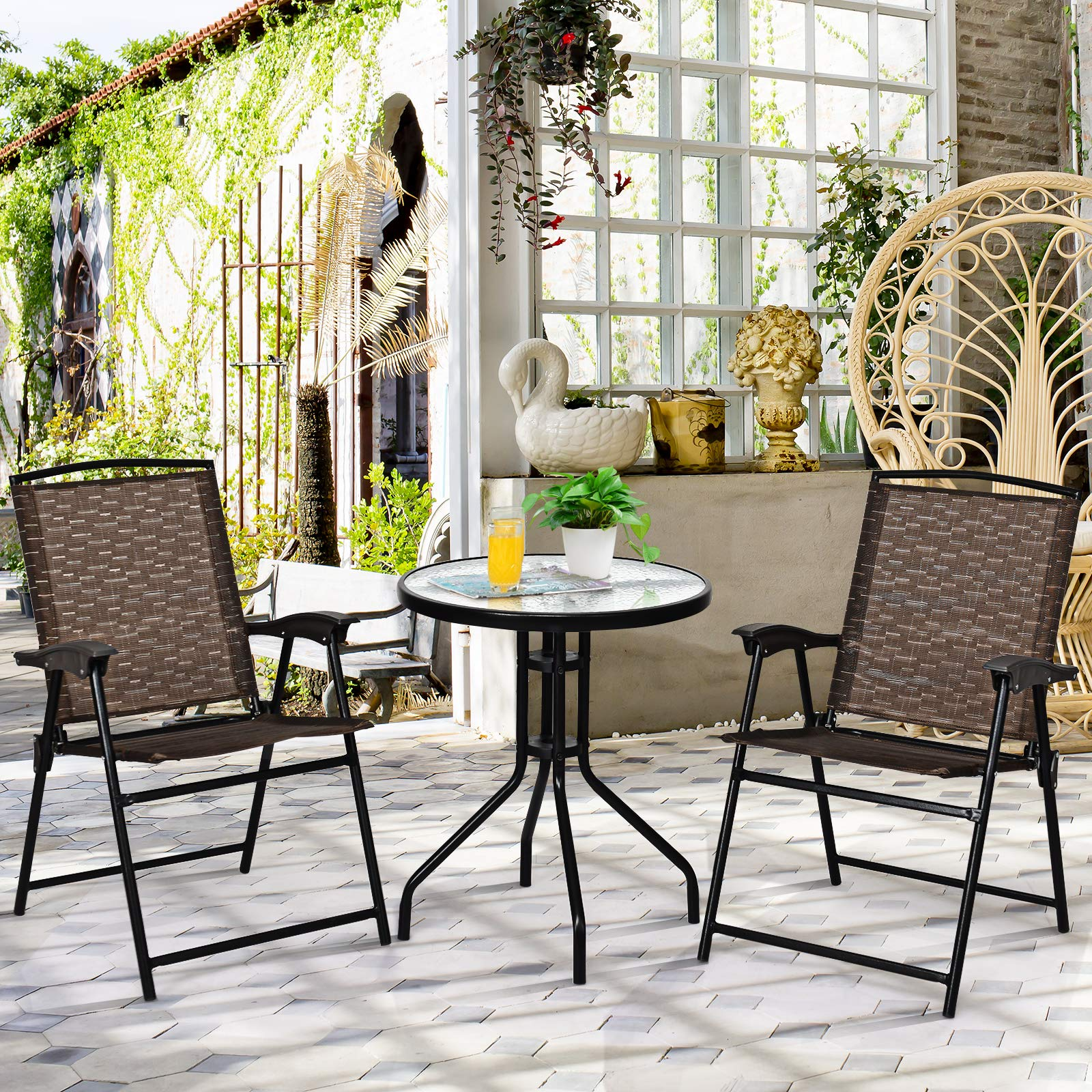 Tangkula 3 Pieces Patio Bistro Set, Outdoor Folding Chairs & Table Set