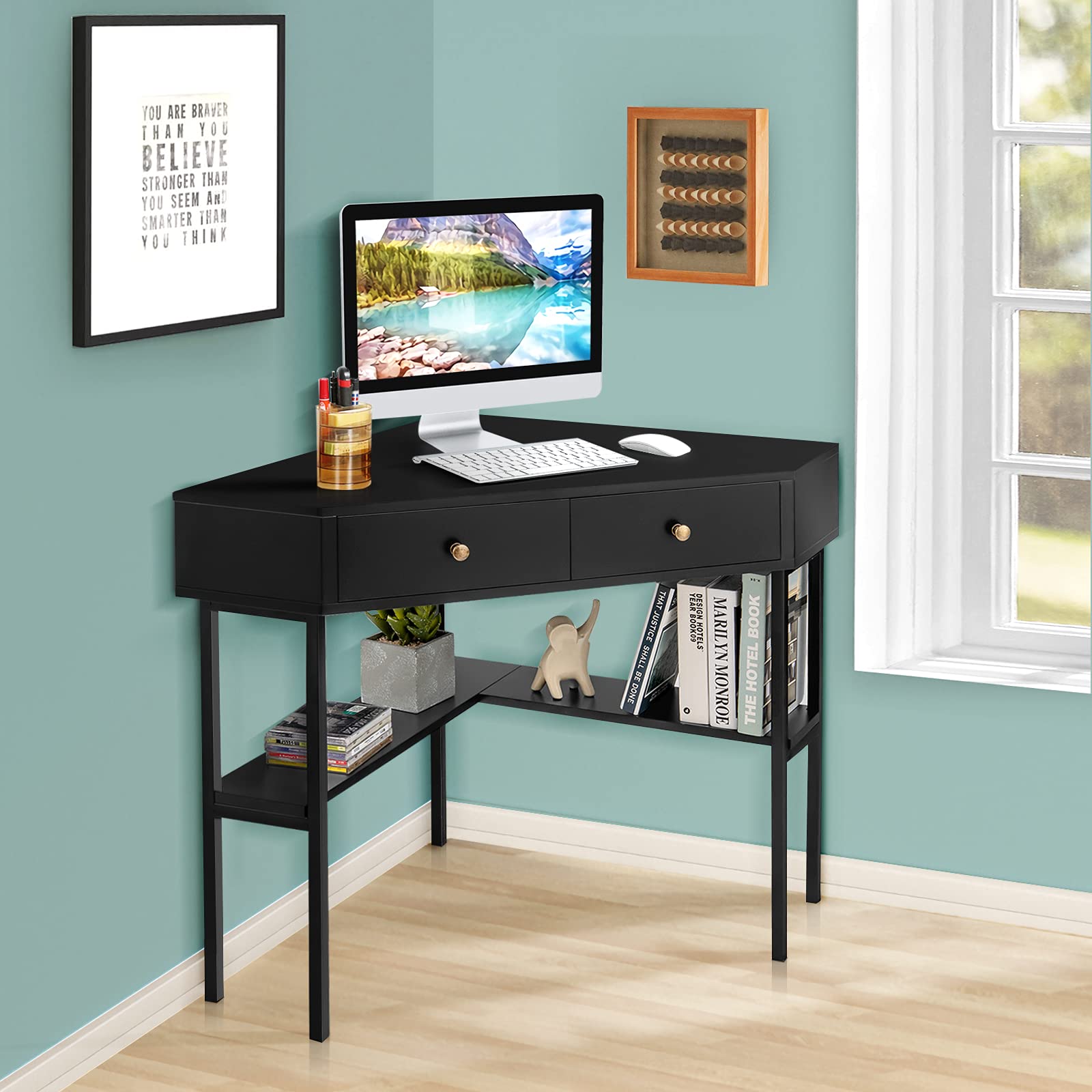 Tangkula White Corner Desk with Hutch, 90 Degrees Triangle Computer Desk  with Keyboard Tray & Bookshelves for Small Space, Space Saving Writing Desk