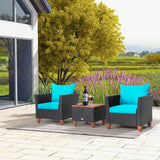 Tangkula 3 Pieces Patio Porch Furniture Set, PE Rattan Wicker Chair Conversation Set with Cushions and Storage Table