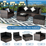6 Pieces Patio Rattan Sectional Furniture Set, Outdoor Wicker Conversation Set with Glass Coffee Table Sofa Ottoman