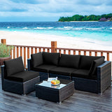 5 Pieces Patio Furniture Set, All Weather Wicker L-Shaped Corner Sofa Set w/Soft Cushions