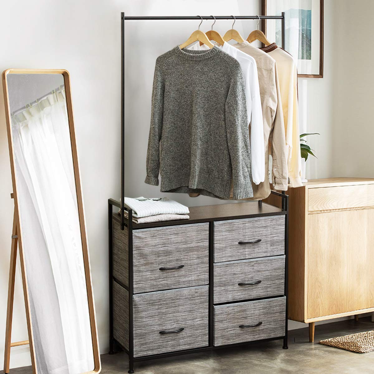 Fabric Drawer Dresser w/Clothes Rack, Storage Organizer with Metal Fra tangkula Fabric Drawer Dresser w/Clothes Rack, Storage Organizer with Metal Fra tangkula