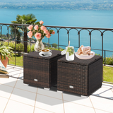 Tangkula 2 Pieces Patio Ottomans, Patiojoy Hand-Woven PE Rattan Side Table with Removable Cushion & Hidden Storage Space