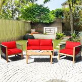 Outdoor Wood Furniture Set, Acacia Wood Frame Loveseat Sofa, 2 Single Chairs and Coffee Table