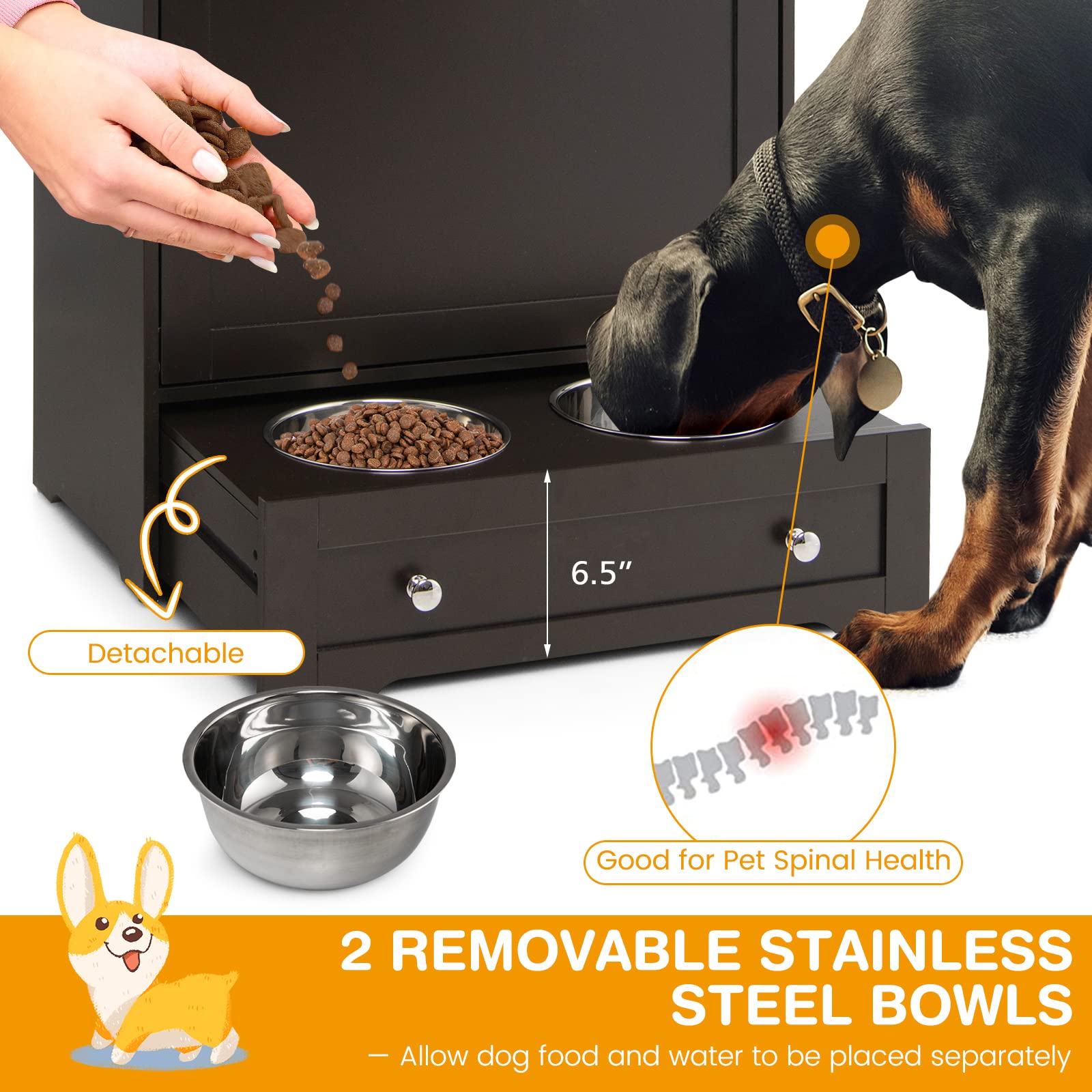 Large Pet Feeder Station Dog Food Storage Cabinet Stainless Double Pull Out Raised Dog Bowls Feeding Watering Supplies