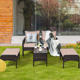 Wicker Furniture Set 5 Pieces PE Wicker Rattan Outdoor All Weather Cushioned Sofas and Ottoman Set