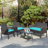 Tangkula 4 Piece Patio Rattan Furniture Set, Outdoor Conversation Set w/Tempered Glass Coffee Table, Loveseat & 2 Single Chairs