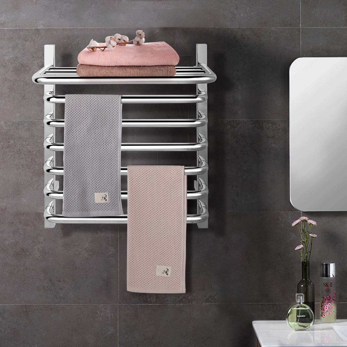 Tangkula Towel Warmer with Top Shelf, 10 Bars Wall Mounted Electric He