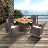 Tangkula 5 Pieces Wicker Patio Dining Set, Outdoor Acacia Wood Dining Furniture with 4 Armrest Chairs & 1 Dining Table