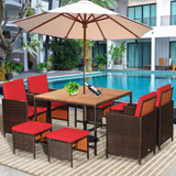 Tangkula 9 Pieces Acacia Wood Patio Dining Set, Space Saving Wicker Chairs and Wood Table with Umbrella Hole Outdoor Furniture Set