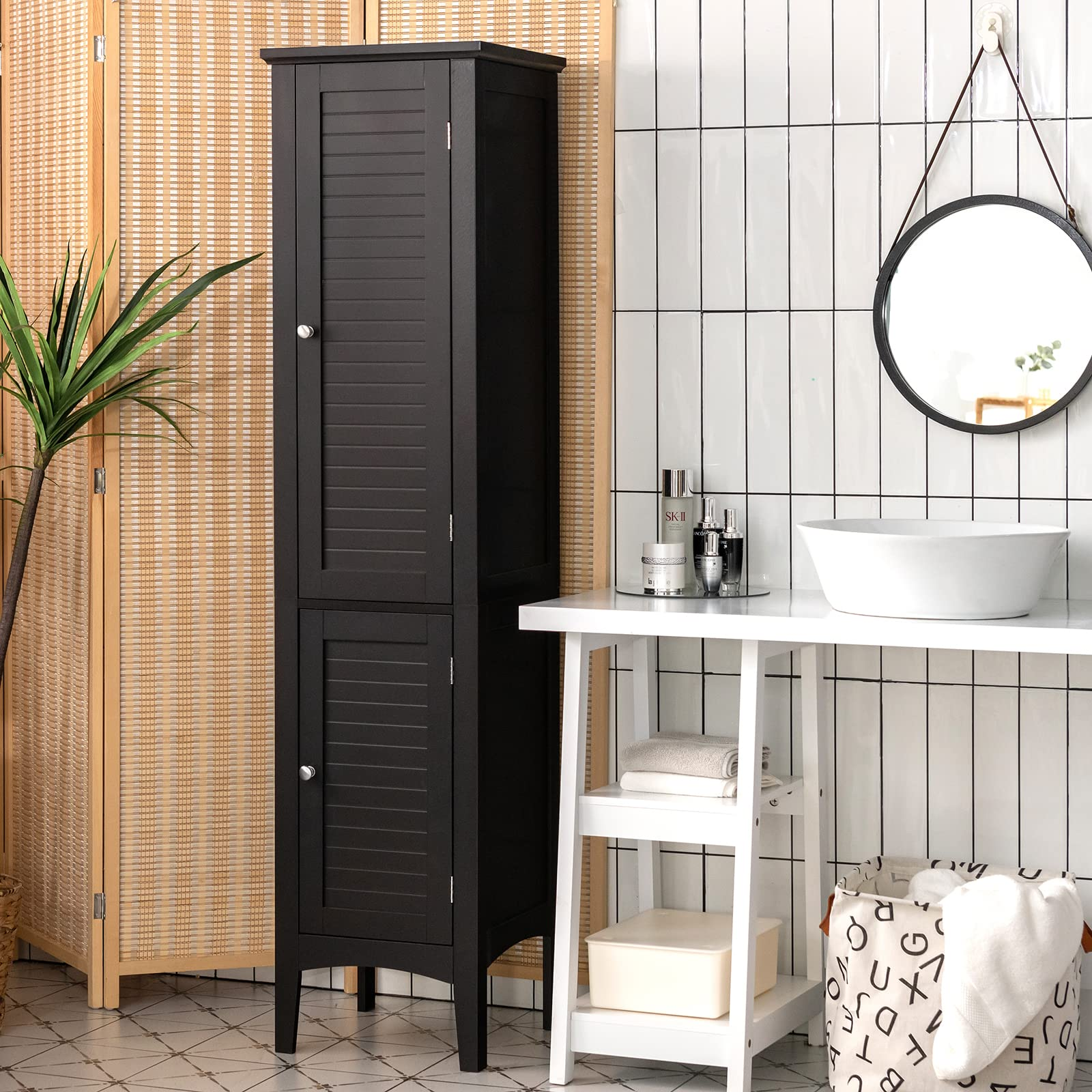 Tangkula Tall Bathroom Storage Cabinet, 5-Tier Wooden Freestanding Tower Cabinet Floor Organizer