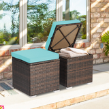 Tangkula 2 Pieces Patio Ottomans, Patiojoy Hand-Woven PE Rattan Side Table with Removable Cushion & Hidden Storage Space