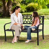 Outdoor Steel Garden Bench Park Bench, 50 Inch Patio Welcome Bench with Slated Seat & Floral Design Backrest