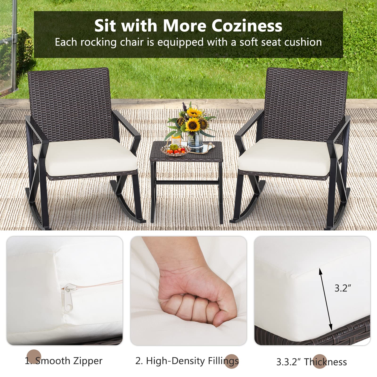 3 Piece Patio Wicker Rocking Chairs Set with Metal Frame Tangkula