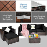 6 Pieces Patio Rattan Sectional Furniture Set, Outdoor Wicker Conversation Set with Glass Coffee Table Sofa Ottoman