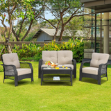 4 Pieces Outdoor Patio Furniture Set, Patiojoy PE Wicker Conversation Sofa Set with Tempered Glass Coffee Table
