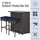 Tangkula Patio Bar Set, 3 Piece Outdoor Rattan Wicker Bar Set with 2 Cushions Stools & Glass Top Table