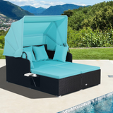 Tangkula Patio Rattan Daybed, Patiojoy Wicker Daybed Loungerw/Retractable Canopy, 2 Foldable Side Panels