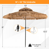 Tangkula 10 ft Thatched Patio Umbrella, 2 Tier Hawaiian Style Grass Beach Umbrella with 32 Led Lights