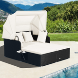 Tangkula Patio Rattan Daybed, Patiojoy Wicker Daybed Loungerw/Retractable Canopy, 2 Foldable Side Panels