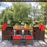 Tangkula 9 Pieces Acacia Wood Patio Dining Set, Space Saving Wicker Chairs and Wood Table with Umbrella Hole Outdoor Furniture Set