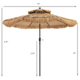 Tangkula 9 ft Thatched Patio Umbrella, 2 Tier Hawaiian Style Grass Beach Umbrella with 8 Ribs