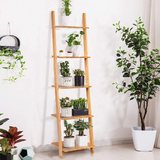 Tangkula Bamboo 5-Tier Ladder Shelf Bookshelf, Wall-Leaning Bookshelf