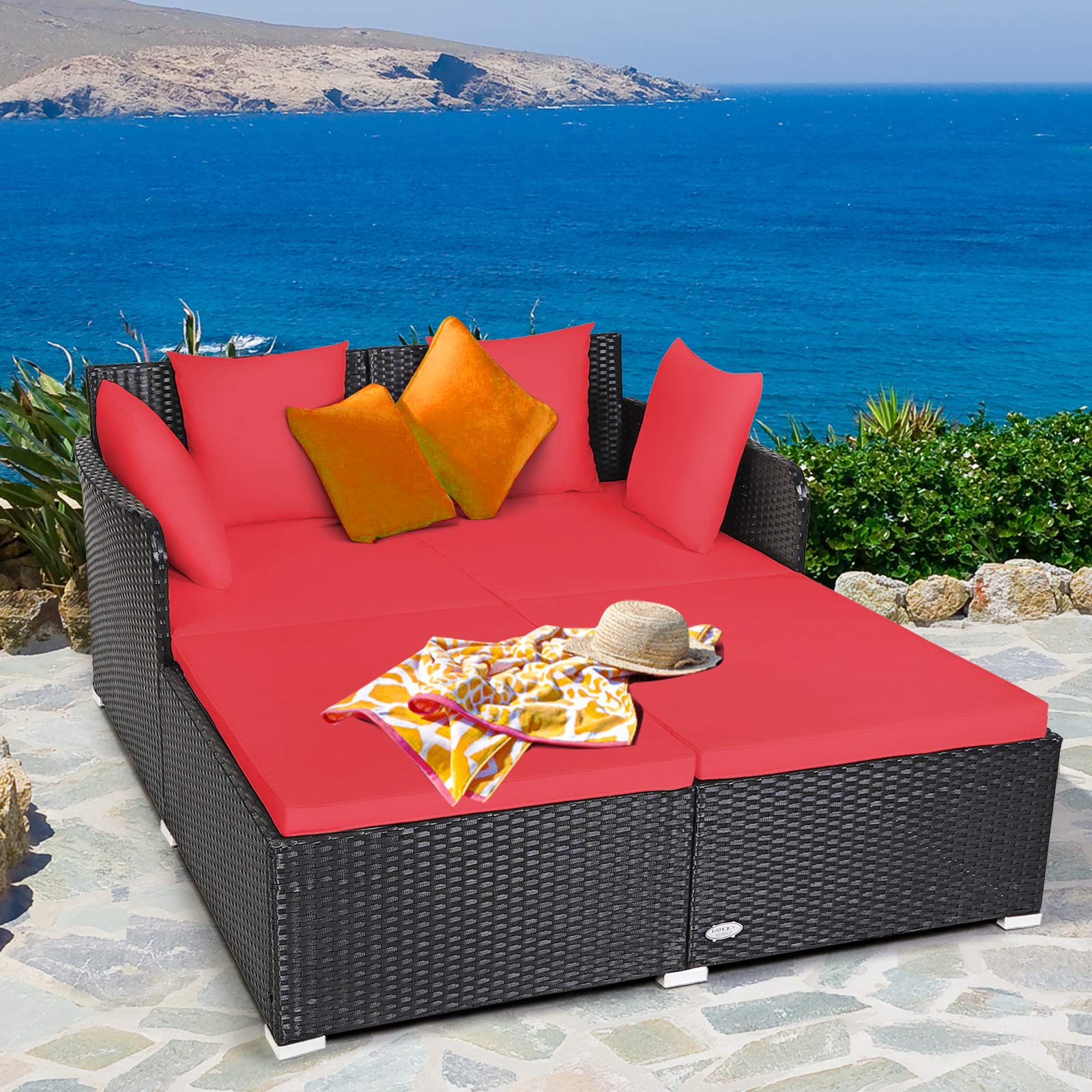 Outdoor Rattan Daybed, Red - Tangkula