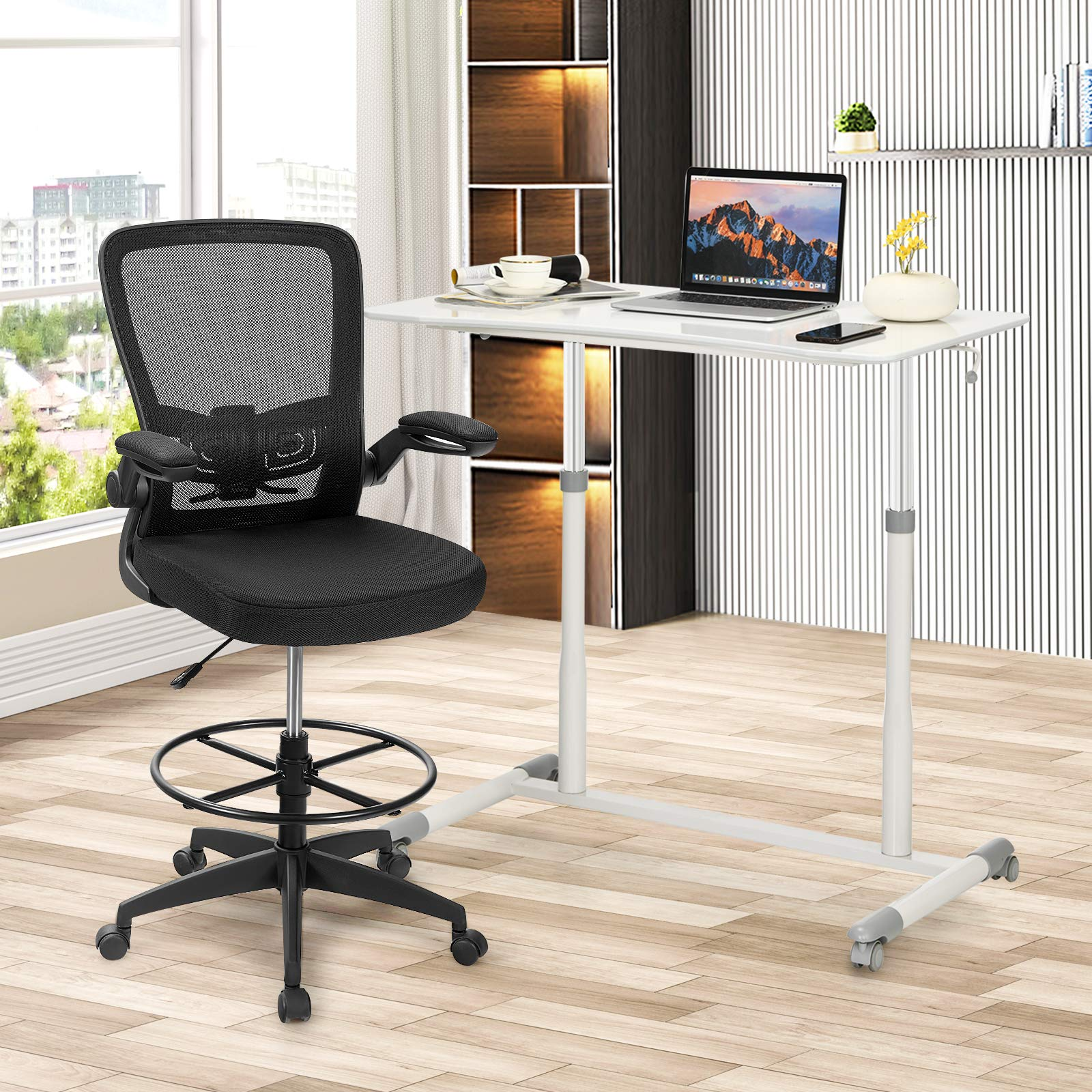Tangkula Mobile Standing Desk Computer Desk, Height Adjustable Stand Up Desk with 4 Wheels
