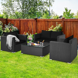 Patio Rattan Conversation Furniture Set, Outdoor Wicker Sofa Set with Padded Cushion & Tempered Glass Coffee Table
