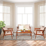 4/8PCS Patio Wood Sofa Set, Outdoor Acacia Wood Seating Chat Set with Cushions & Coffee Table