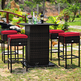 Tangkula 5 Piece Outdoor Rattan Bar Set, Patio Bar Furniture with 4 Cushions Stools and Smooth Top Table