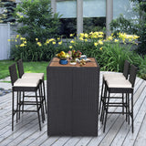 Tangkula 5 Piece Patio PE Wicker Bar Set, Acacia Wood Bar Height Table & 4 Rattan Bar Stool Chairs (Off White)