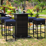 Tangkula 5 Piece Outdoor Rattan Bar Set, Patio Bar Furniture with 4 Cushions Stools and Smooth Top Table