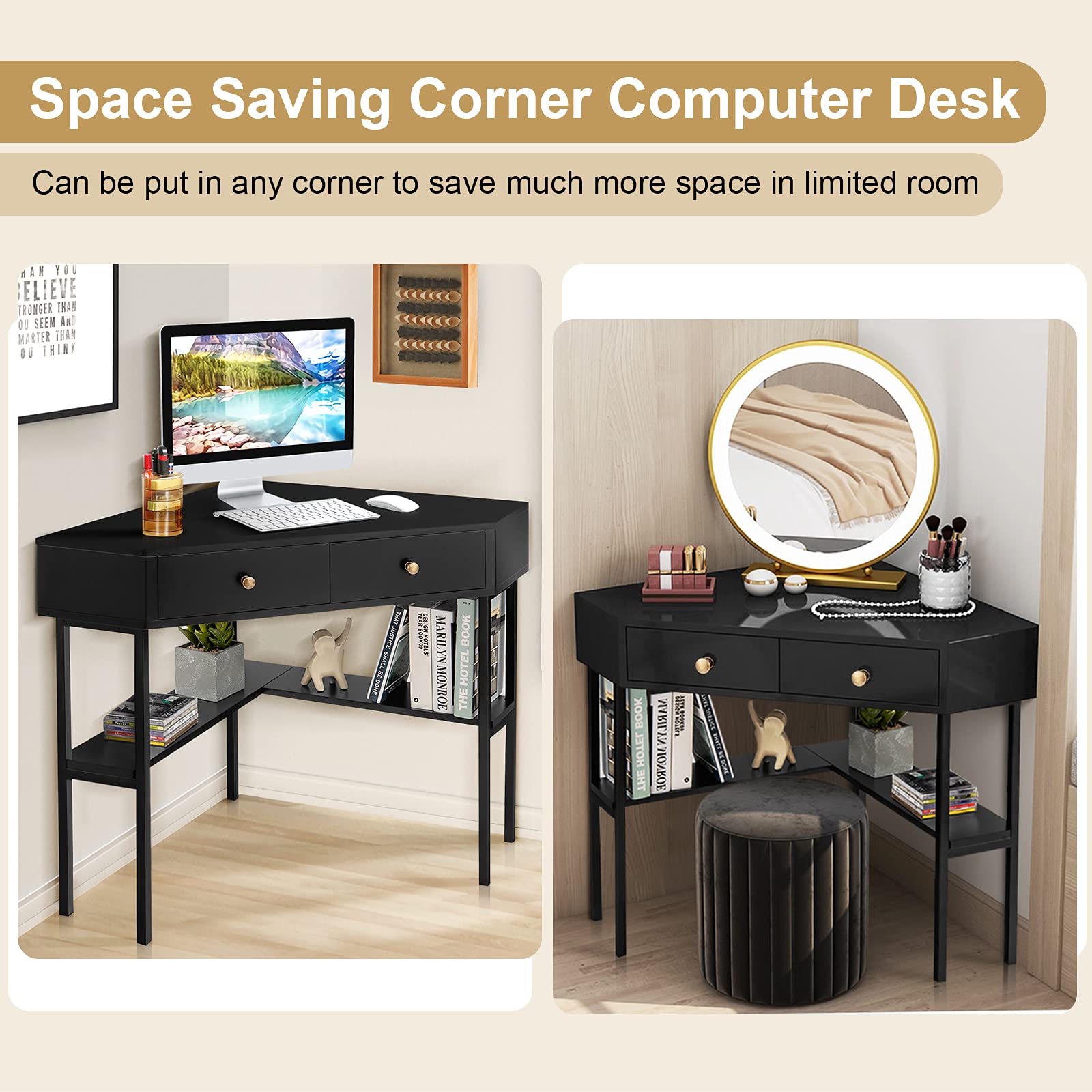 Tangkula White Corner Desk with Hutch, 90 Degrees Triangle Computer Desk  with Keyboard Tray & Bookshelves for Small Space, Space Saving Writing Desk