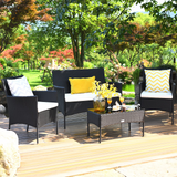 Tangkula Patio Furniture Set, Outdoor Wicker Conversation Set with Tempered Glass Coffee Table