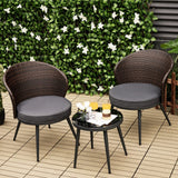 Tangkula 3 Piece Patio Rattan Bistro Set W/ 2 Seat Cushions, Tempered Glass Tabletop (Gray)