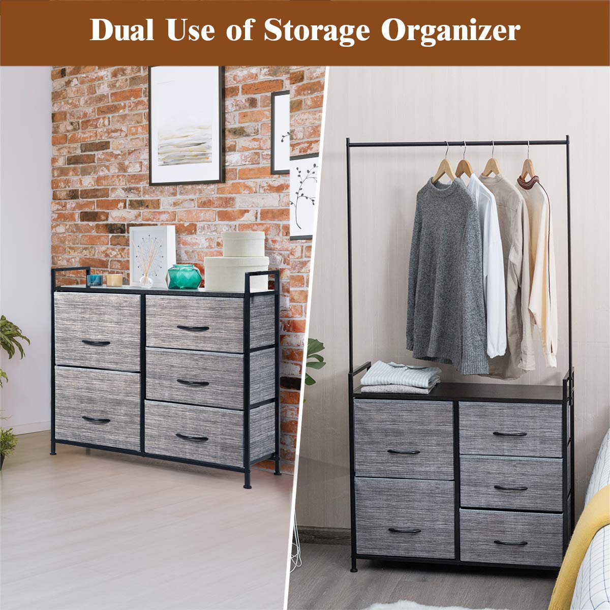 Fabric Drawer Dresser w/Clothes Rack, Storage Organizer with Metal Fra tangkula Fabric Drawer Dresser w/Clothes Rack, Storage Organizer with Metal Fra tangkula