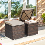 Tangkula 2 Pieces Patio Ottomans, Patiojoy Hand-Woven PE Rattan Side Table with Removable Cushion & Hidden Storage Space
