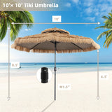 Tangkula 10 ft Thatched Patio Umbrella, 2 Tier Hawaiian Style Grass Beach Umbrella with 8 Ribs