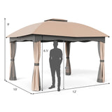 Tangkula 12x10 Ft Patio Gazebo, Double Vented Gazebo with Zippered Privacy Curtains (Brown)