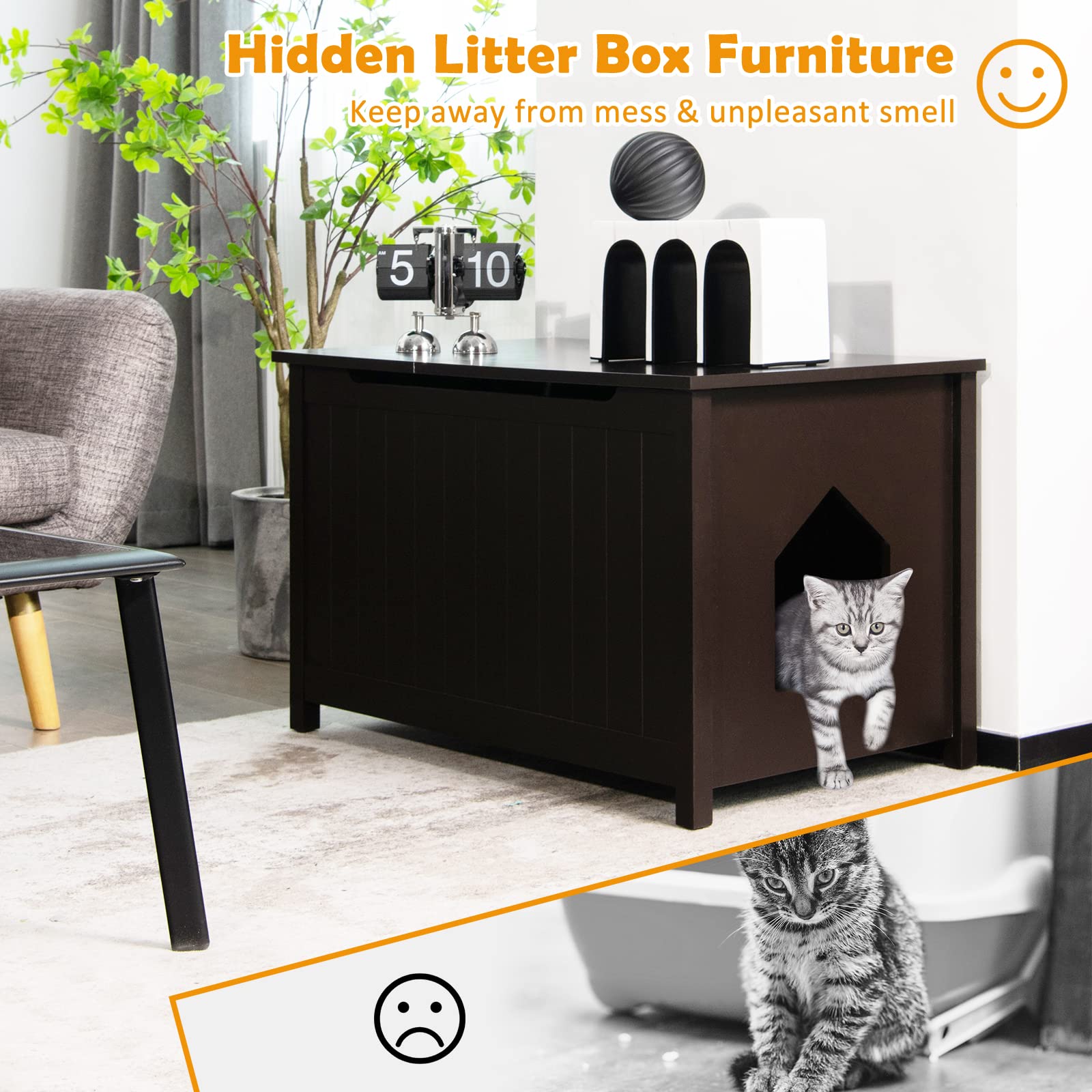 Tangkula Cat Litter Box Enclosure, Flip Top Hidden Cat Washroom with R