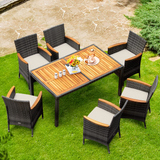 Tangkula 7 Pieces Outdoor Dining Furniture Set, Patio Rattan Conversation Set with Spacious Acacia Wood Table, 6 Chairs with Widened Armrests
