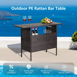 Tangkula Outdoor Wicker Bar Table with 2 Metal Mesh Shelves & 2-Rail Steel Stemware Racks(Mix Brown)