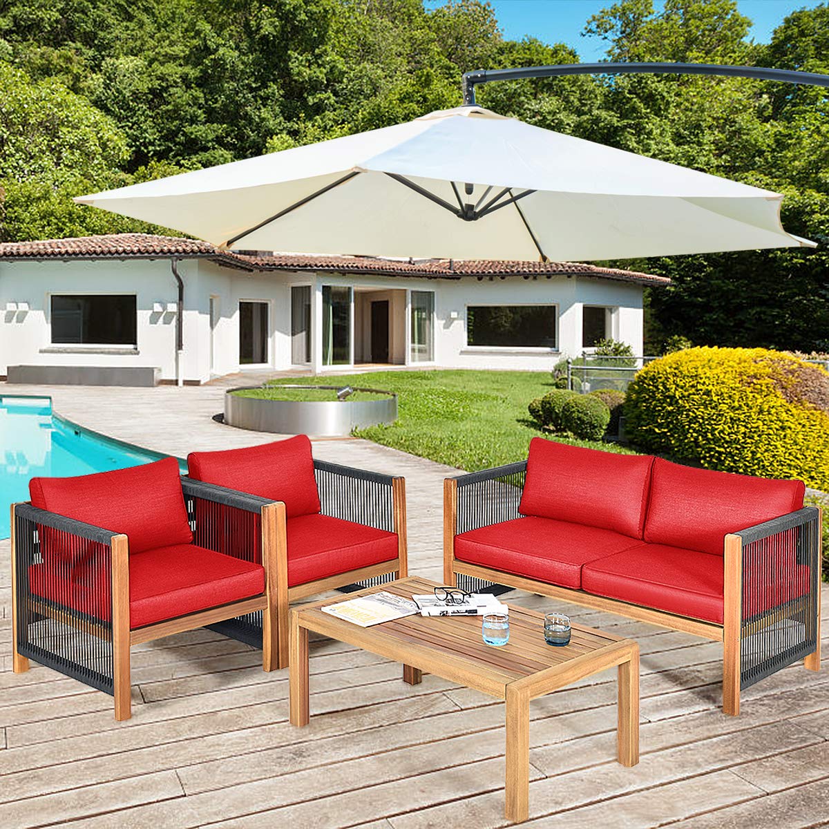 Outdoor Wood Furniture Set, Acacia Wood Frame Loveseat Sofa, 2 Single Chairs and Coffee Table