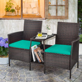 PE Wicker Outdoor Furniture Set, 2 Cushioned Seats and Tempered Glass Table