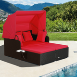 Tangkula Patio Rattan Daybed, Patiojoy Wicker Daybed Loungerw/Retractable Canopy, 2 Foldable Side Panels