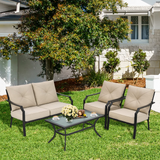 4 Pieces Outdoor Furniture Set, Patio Conversation Set with Cushions and Steel Frame