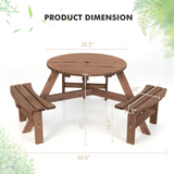 Tangkula 6 Person Cedar Wood Picnic Table, Outdoor Round Picnic Table with 3 Built-in Benches, Umbrella Hole, Outside Table and Bench Set