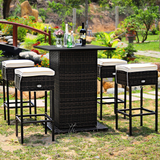 Tangkula 5 Piece Outdoor Rattan Bar Set, Patio Bar Furniture with 4 Cushions Stools and Smooth Top Table